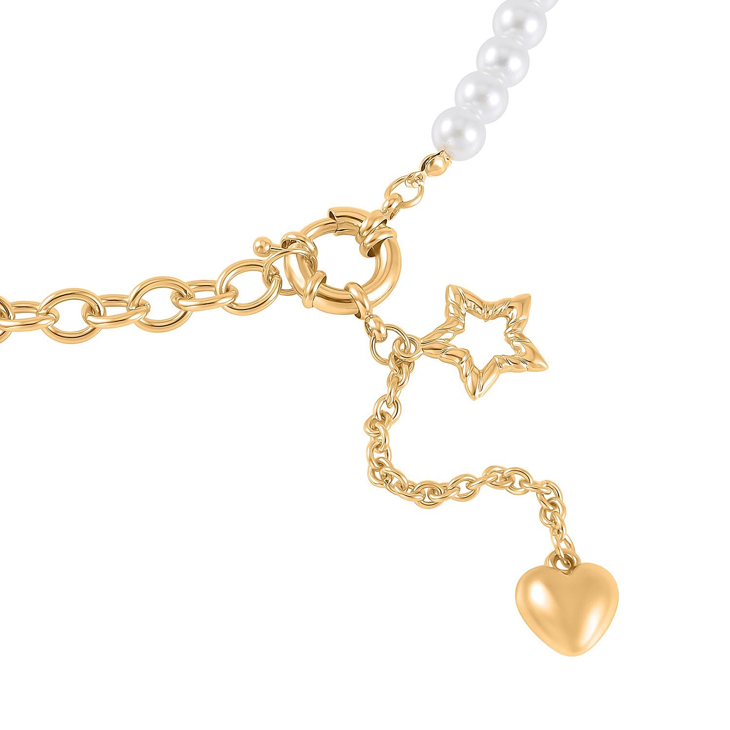 White Pearl Glass Beaded Necklace with Heart Charm 20-22 Inches in Goldtone