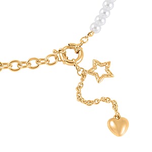 White Pearl Glass Beaded Necklace with Heart Charm 20-22 Inches in Goldtone