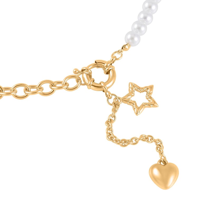 White Pearl Glass Beaded Necklace with Heart Charm 20-22 Inches in Goldtone