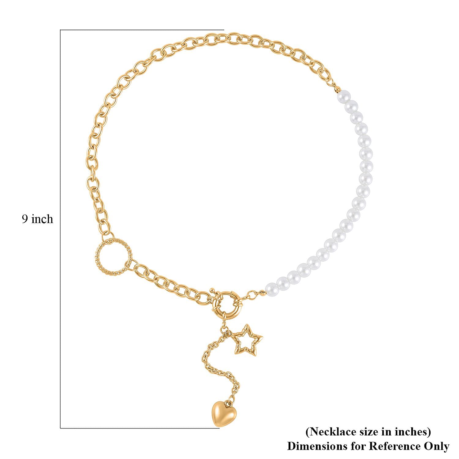 White Pearl Glass Beaded Necklace with Heart Charm 20-22 Inches in Goldtone