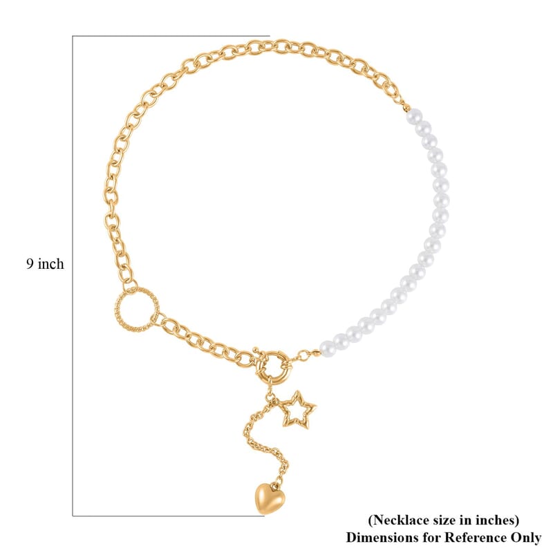White Pearl Glass Beaded Necklace with Heart Charm 20-22 Inches in Goldtone