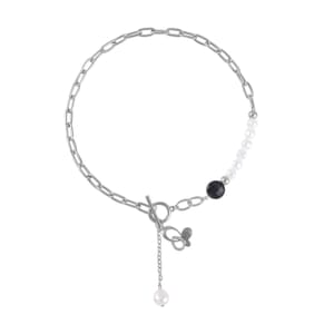 Simulated Pearl, Black Glass, Austrian Crystal Pendant with Link Chain Necklace 20-22 Inches in Silvertone