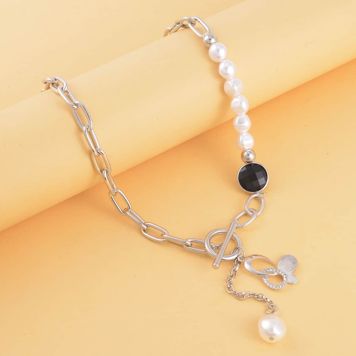 Simulated Pearl, Black Glass, Austrian Crystal Pendant with Link Chain Necklace 20-22 Inches in Silvertone image number 1