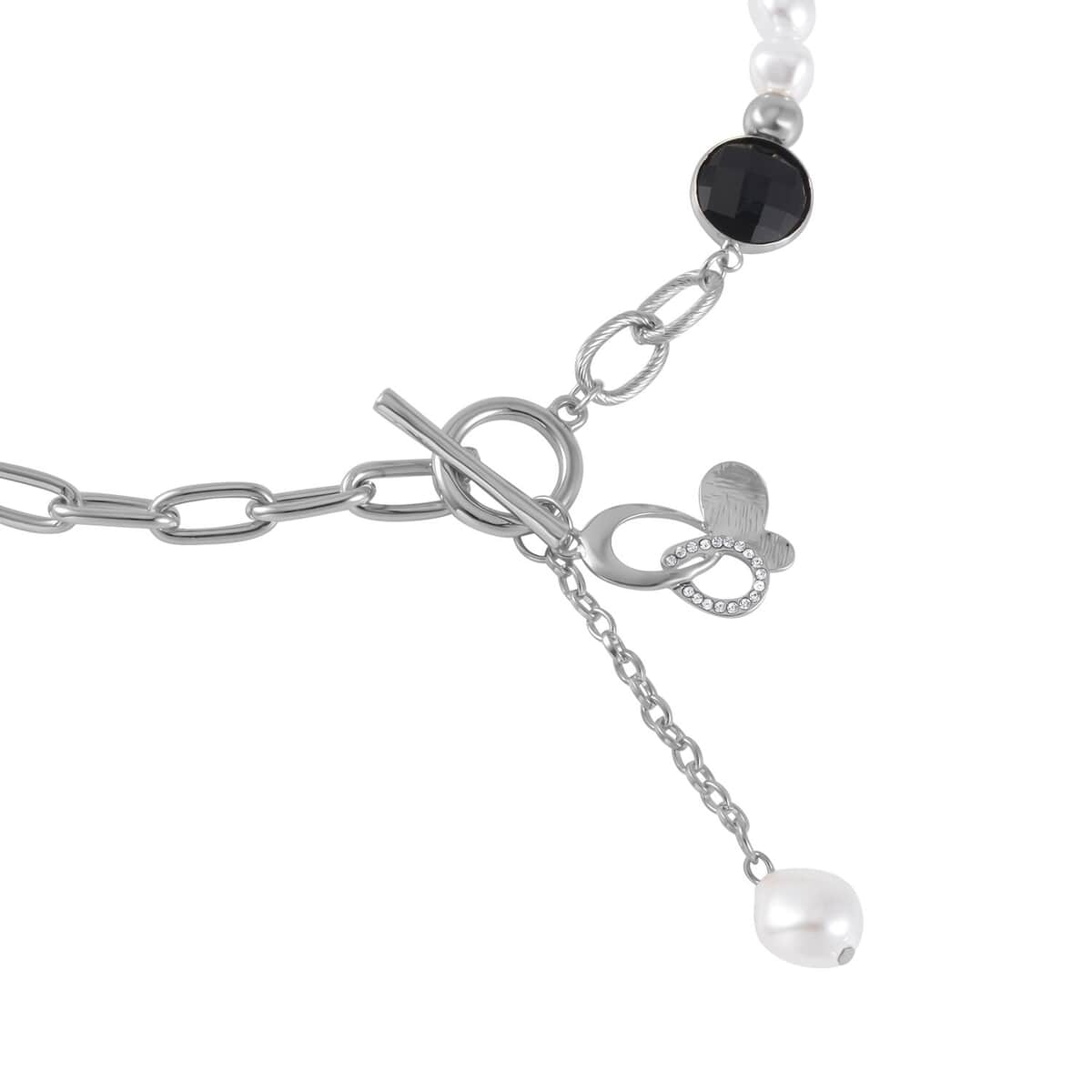 Simulated Pearl, Black Glass, Austrian Crystal Pendant with Link Chain Necklace 20-22 Inches in Silvertone image number 2