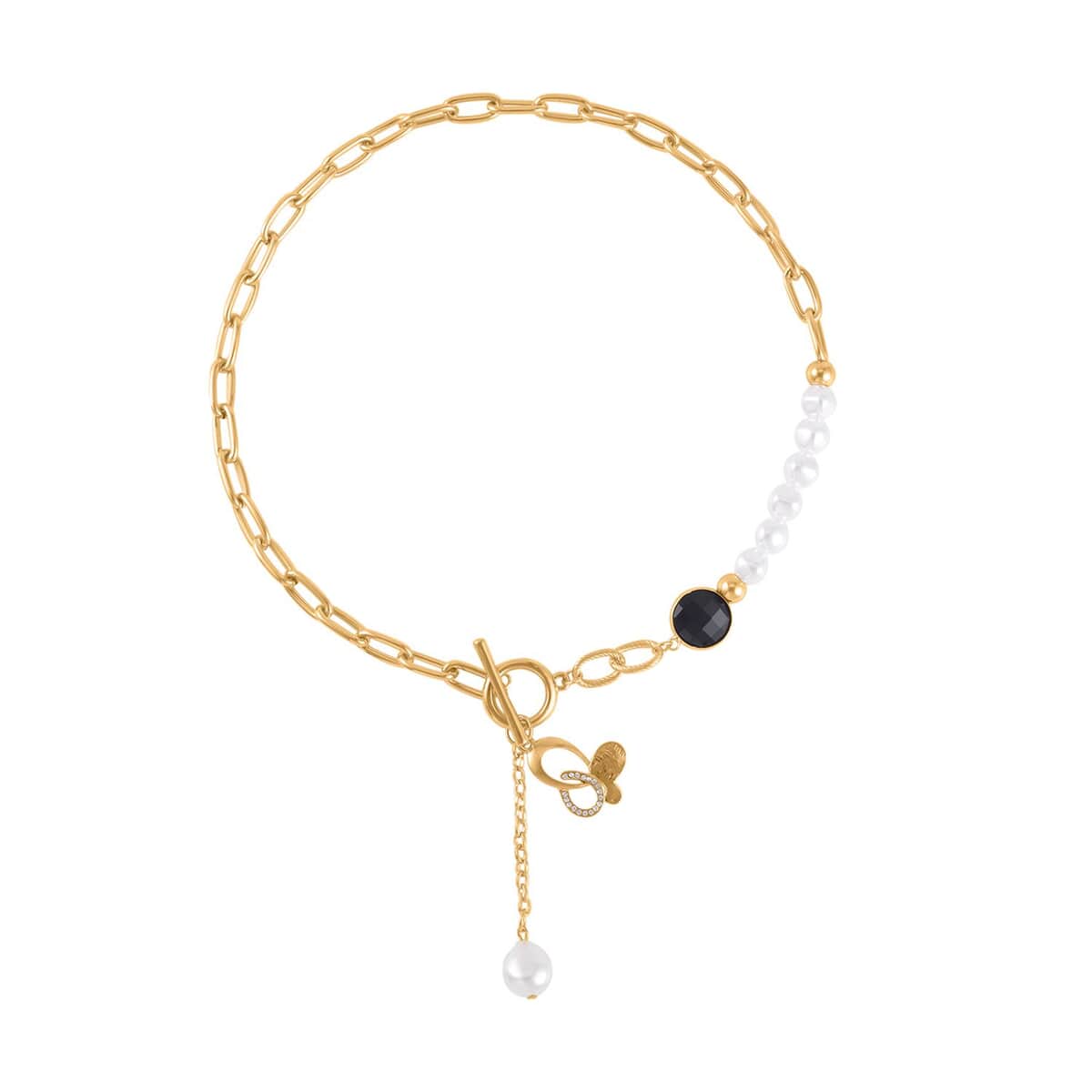 Simulated Pearl, Black Glass, Austrian Crystal Pendant with Link Chain Necklace 20-22 Inches in Goldtone image number 0