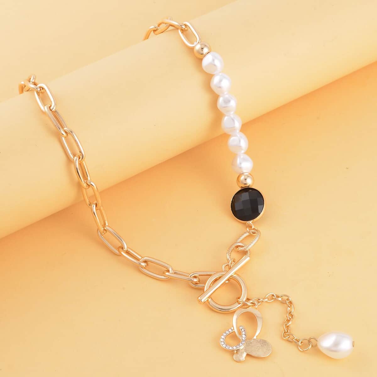 Simulated Pearl, Black Glass, Austrian Crystal Pendant with Link Chain Necklace 20-22 Inches in Goldtone image number 1