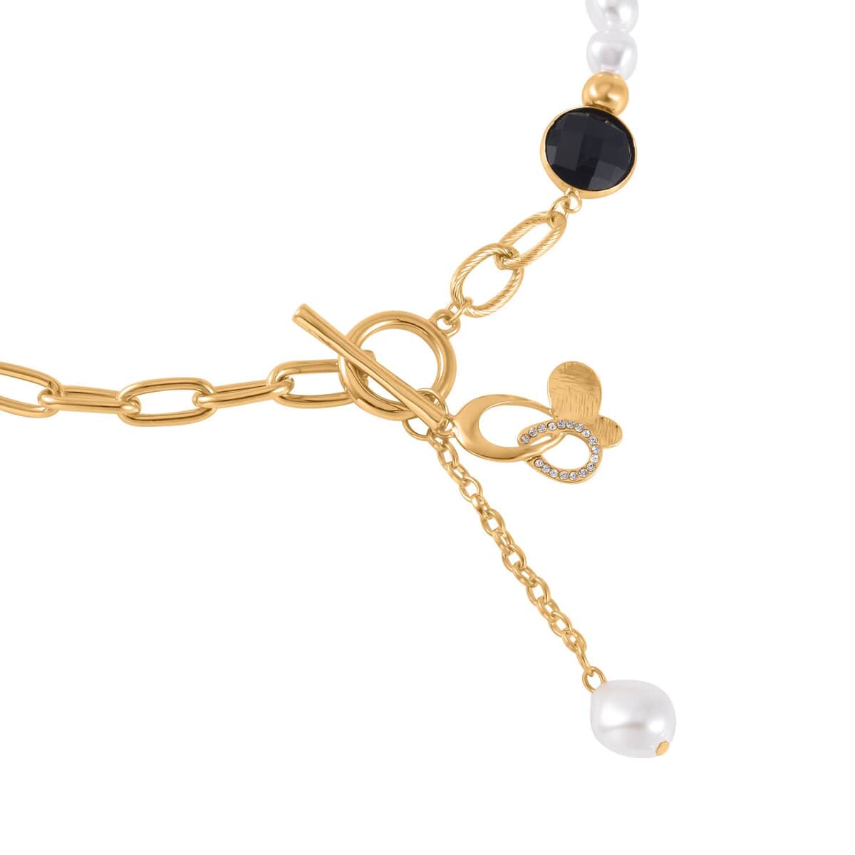 Simulated Pearl, Black Glass, Austrian Crystal Pendant with Link Chain Necklace 20-22 Inches in Goldtone image number 2