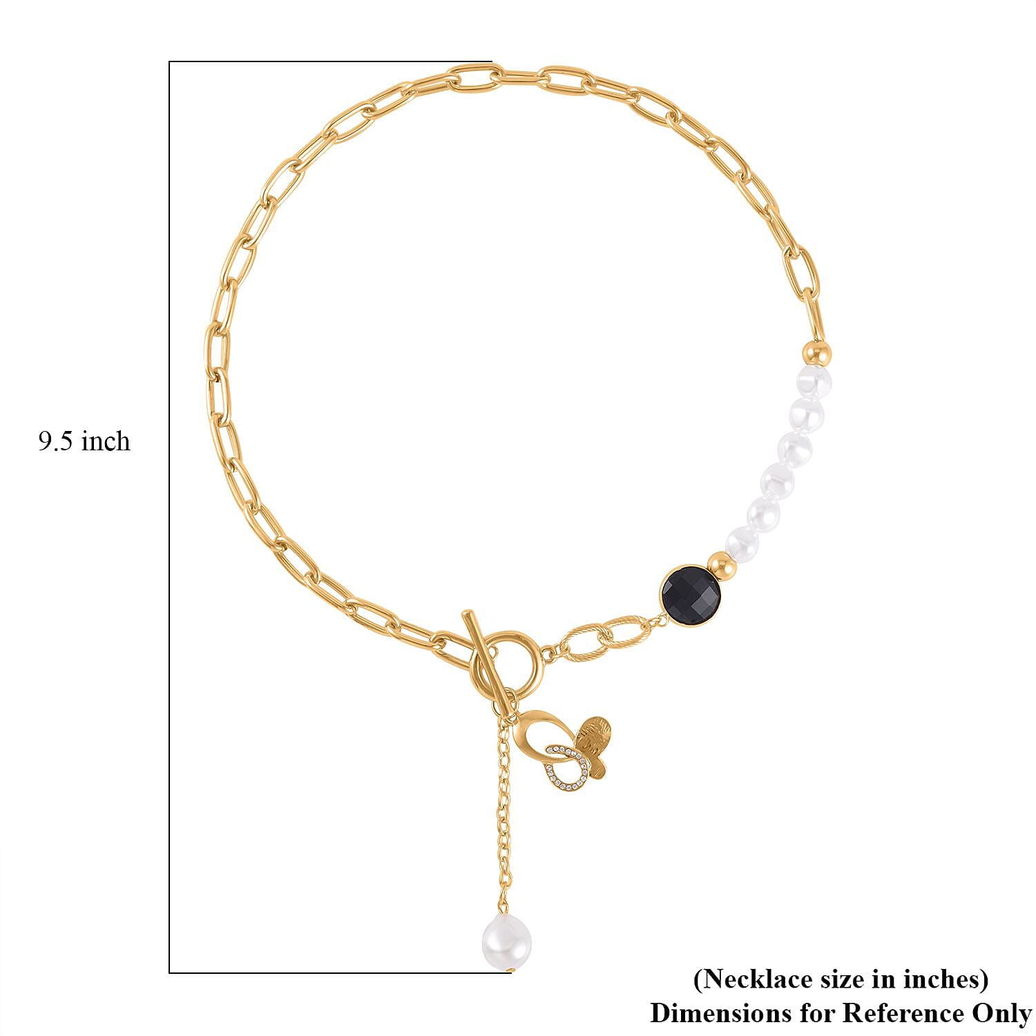 Simulated Pearl, Black Glass, Austrian Crystal Pendant with Link Chain Necklace 20-22 Inches in Goldtone