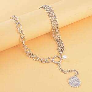 Simulated Pearl Pendant with Link Chain Necklace 20-22 Inches in Silvertone