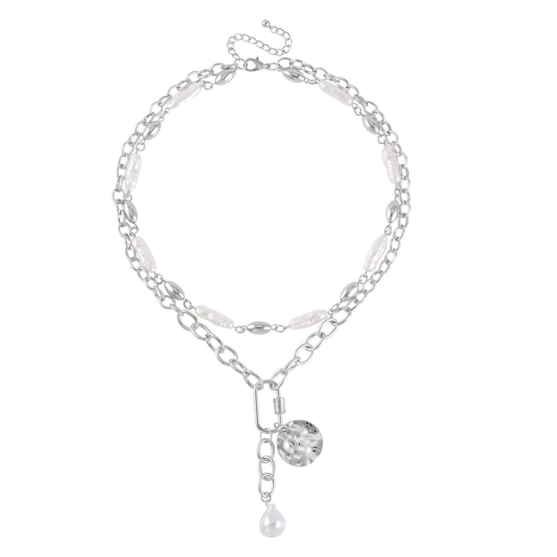 Simulated Pearl Pendant with Link Chain Necklace 20-22 Inches in Silvertone