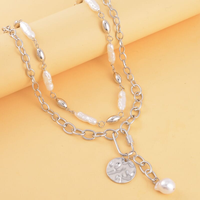 Simulated Pearl Pendant with Link Chain Necklace 20-22 Inches in Silvertone