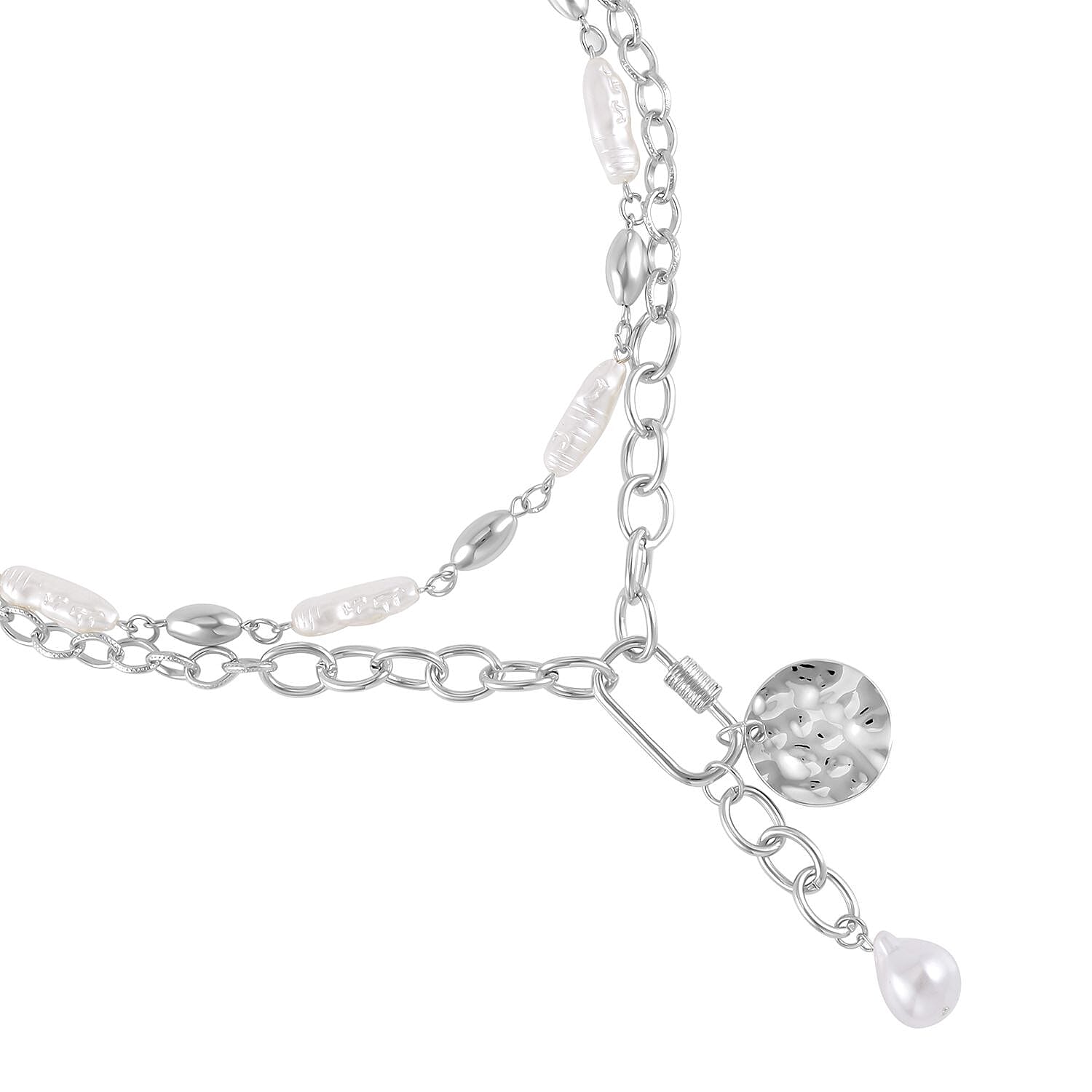 Simulated Pearl Pendant with Link Chain Necklace 20-22 Inches in Silvertone
