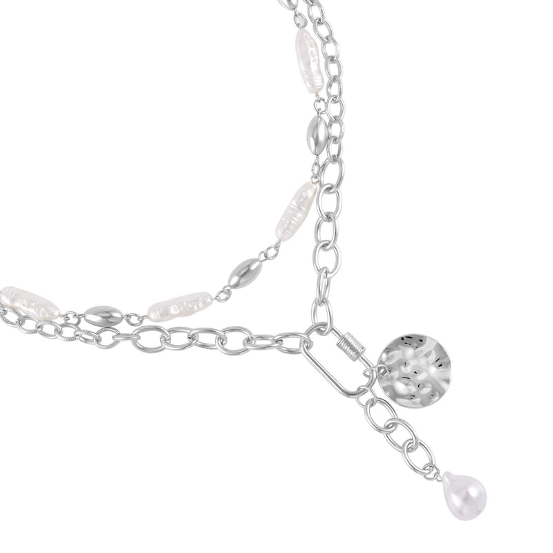 Simulated Pearl Pendant with Link Chain Necklace 20-22 Inches in Silvertone