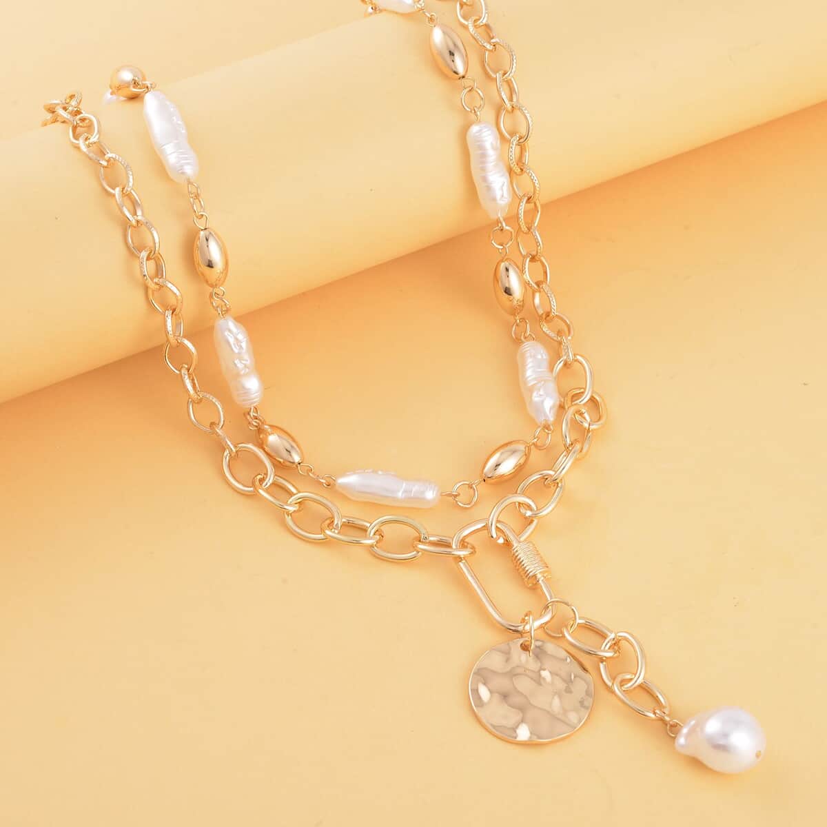 Simulated Pearl Pendant with Link Chain Necklace 20-22 Inches in Goldtone image number 1