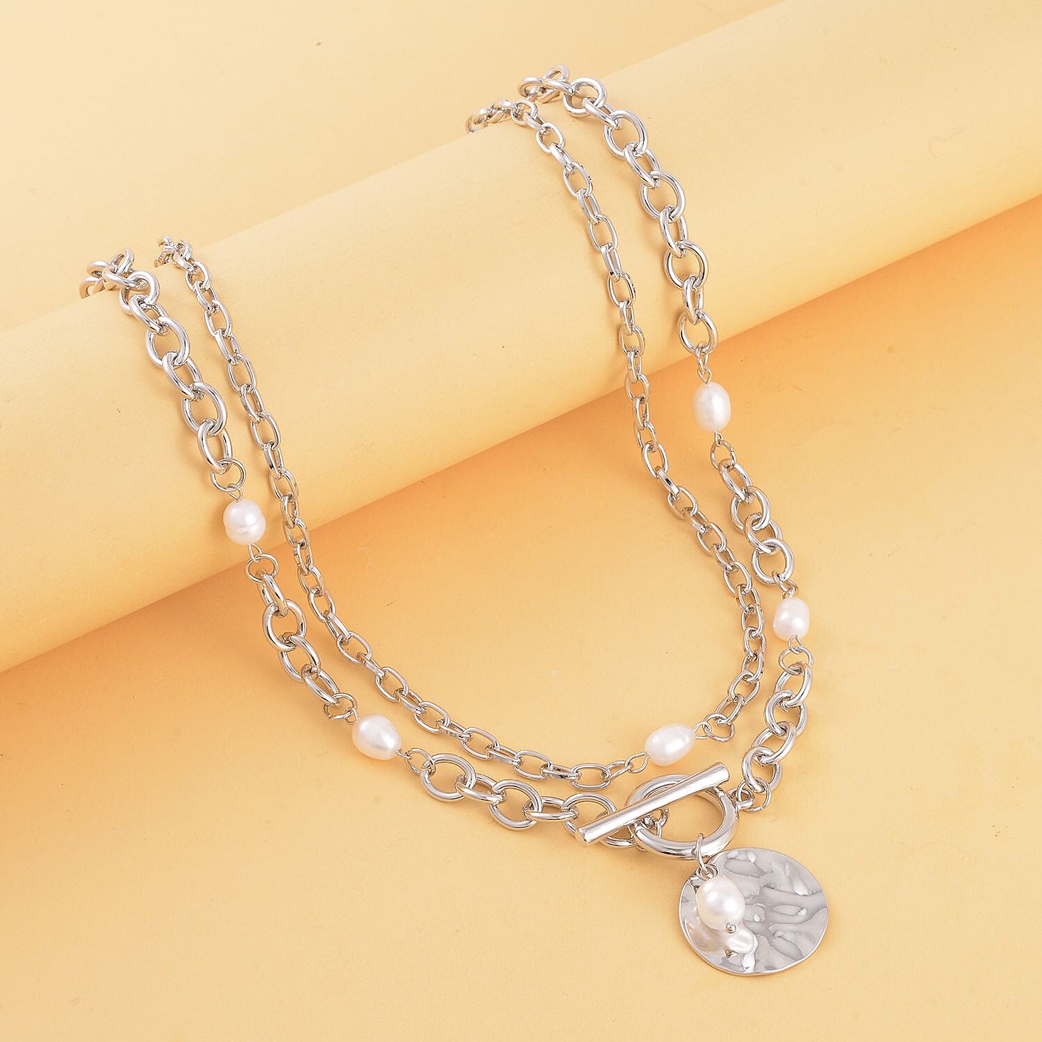 Freshwater Cultured Pearl Double Strand Necklace 20-22 Inches in Silvertone
