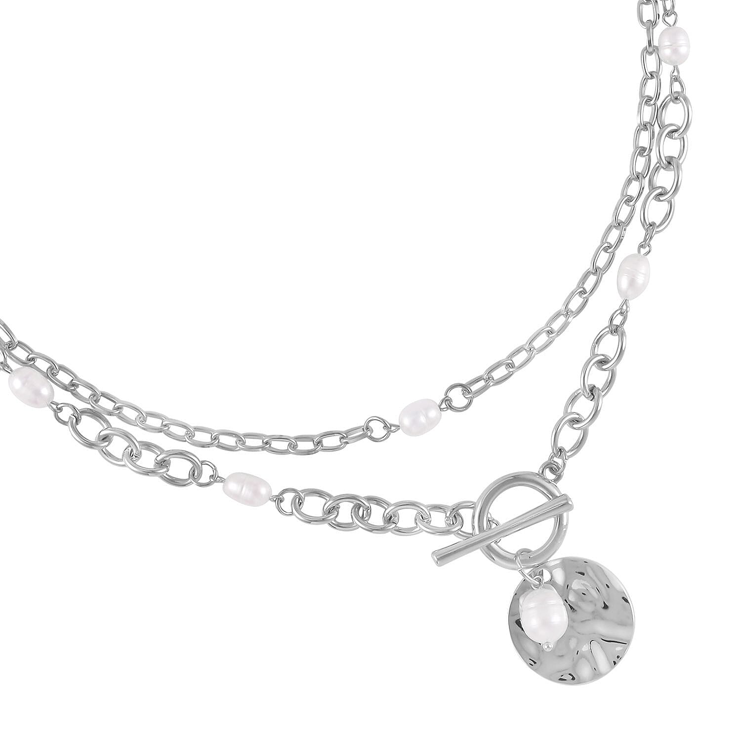 Freshwater Cultured Pearl Double Strand Necklace 20-22 Inches in Silvertone