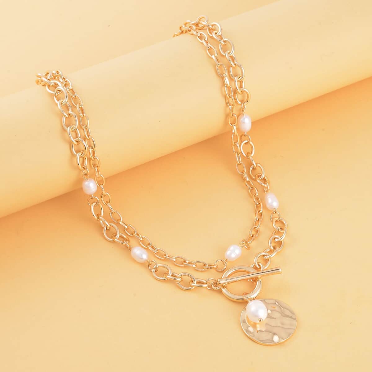 Freshwater Cultured Pearl Double Strand Necklace 20-22 Inches in Goldtone image number 1