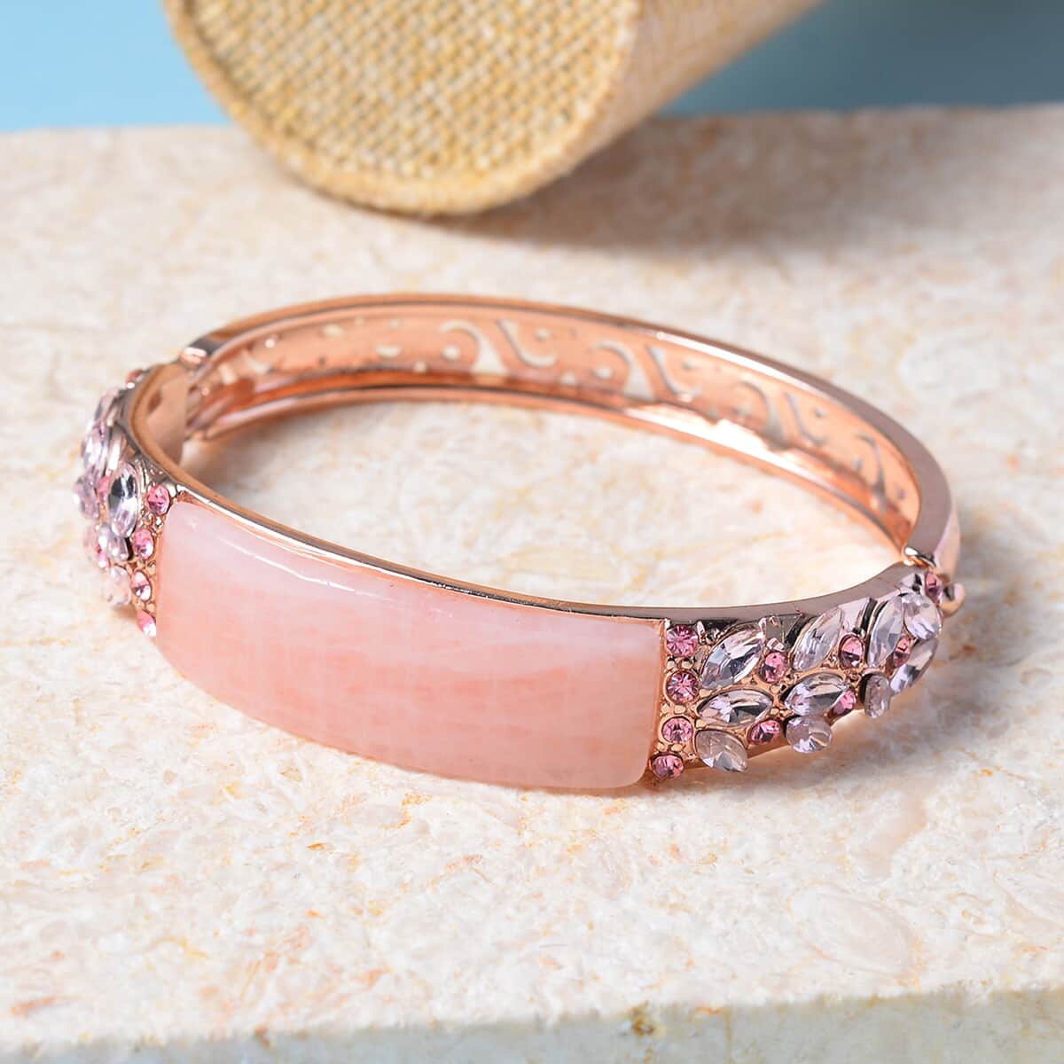 Galilea Rose Quartz, Pink Glass and Pink Austrian Crystal Bangle Bracelet in Rosetone (7.50 In) 20.00 ctw image number 1