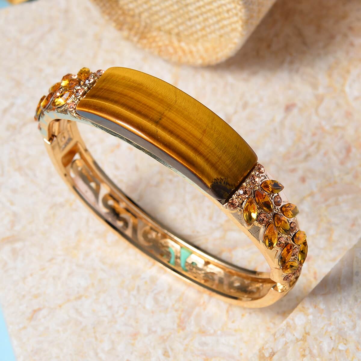 Yellow Tigers Eye, Champagne Glass and Champagne Austrian Crystal Bangle Bracelet in Goldtone (7.50 In) 20.00 ctw image number 1