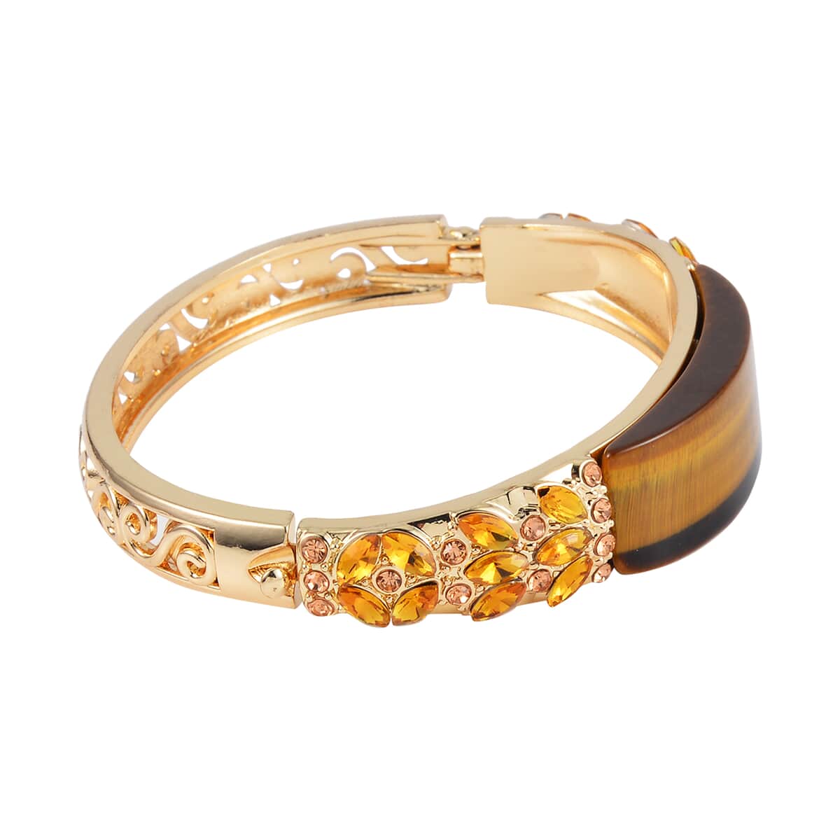 Yellow Tigers Eye, Champagne Glass and Champagne Austrian Crystal Bangle Bracelet in Goldtone (7.50 In) 20.00 ctw image number 3