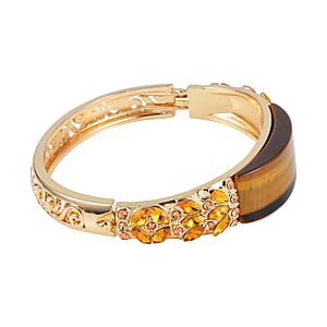 Yellow Tigers Eye, 20.00 ctw Champagne Glass and Champagne Austrian Crystal Bangle Bracelet in Goldtone (7.50 In)
