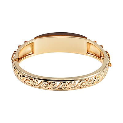 Yellow Tigers Eye, 20.00 ctw Champagne Glass and Champagne Austrian Crystal Bangle Bracelet in Goldtone (7.50 In)