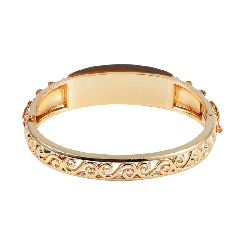 Yellow Tigers Eye, 20.00 ctw Champagne Glass and Champagne Austrian Crystal Bangle Bracelet in Goldtone (7.50 In)