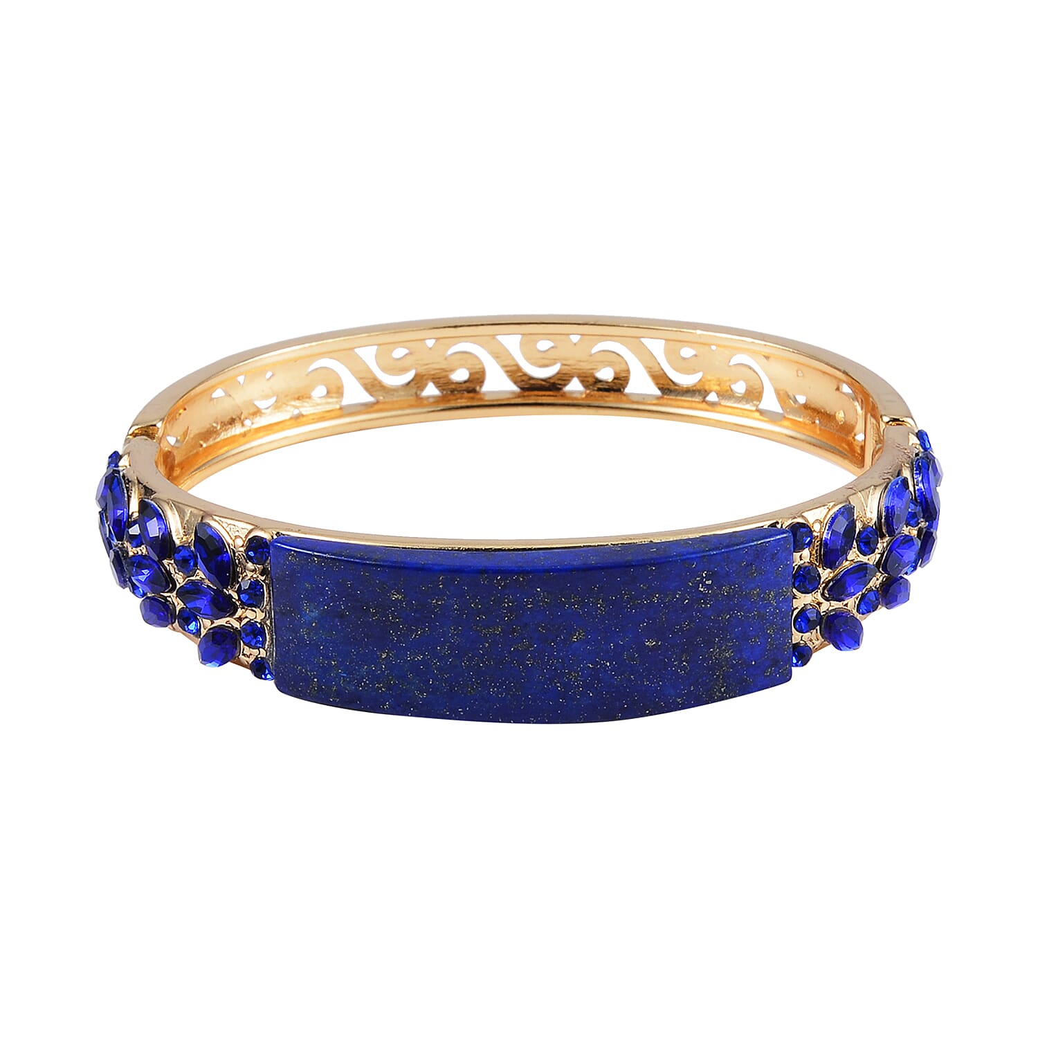 Lapis Lazuli, 20.00 ctw Blue Glass and Blue Austrian Crystal Bangle Bracelet in Goldtone (7.50 In)