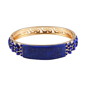 Lapis Lazuli, 20.00 ctw Blue Glass and Blue Austrian Crystal Bangle Bracelet in Goldtone (7.50 In)