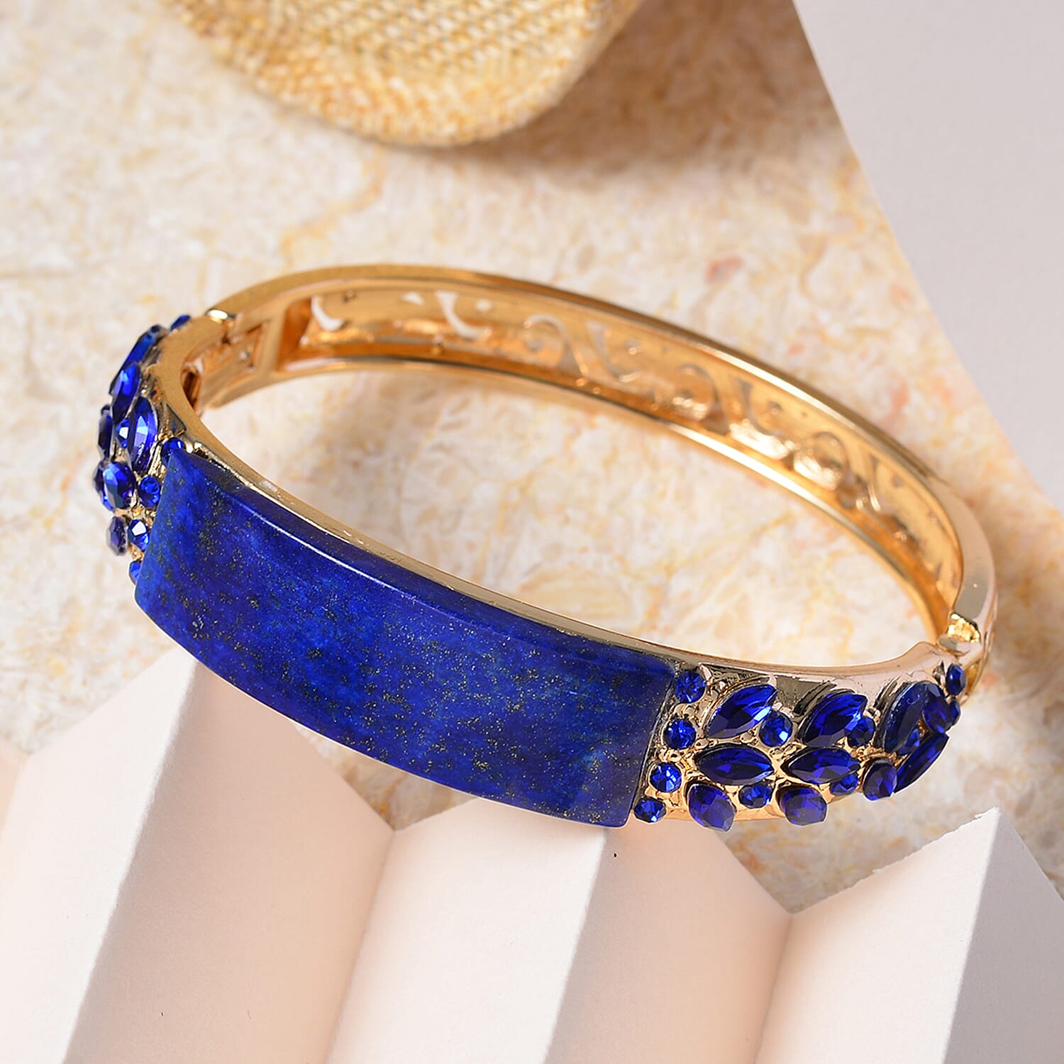 Lapis Lazuli, 20.00 ctw Blue Glass and Blue Austrian Crystal Bangle Bracelet in Goldtone (7.50 In)