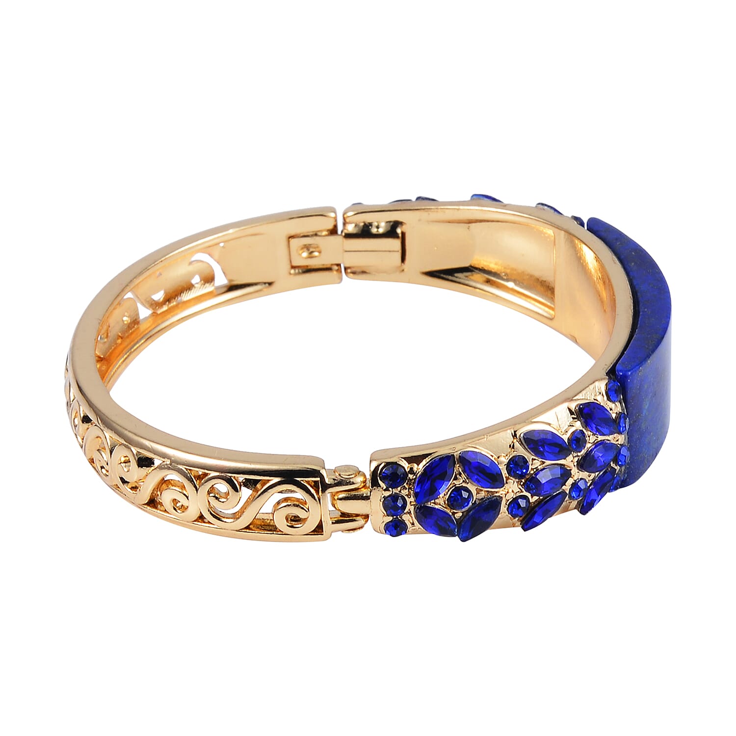 Lapis Lazuli, 20.00 ctw Blue Glass and Blue Austrian Crystal Bangle Bracelet in Goldtone (7.50 In)