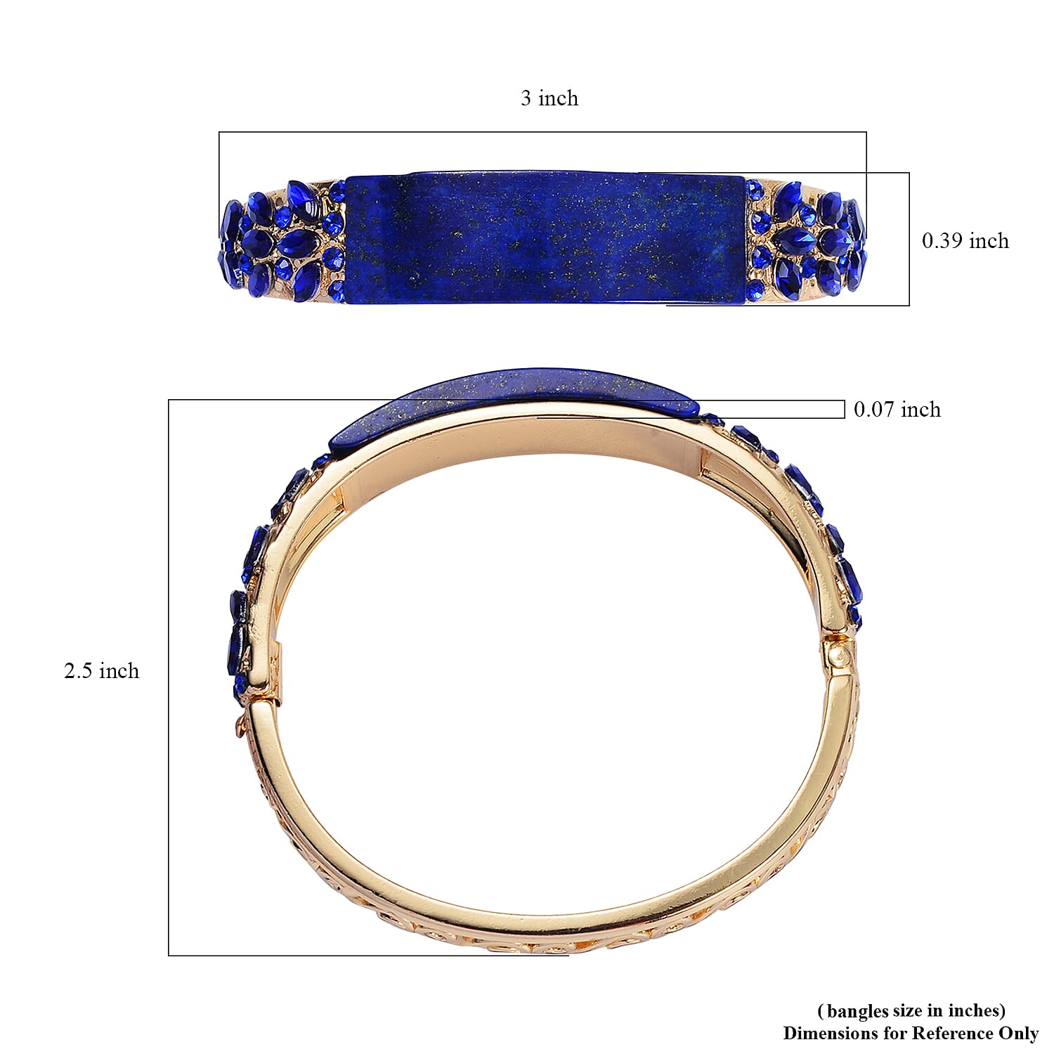 Lapis Lazuli, 20.00 ctw Blue Glass and Blue Austrian Crystal Bangle Bracelet in Goldtone (7.50 In)