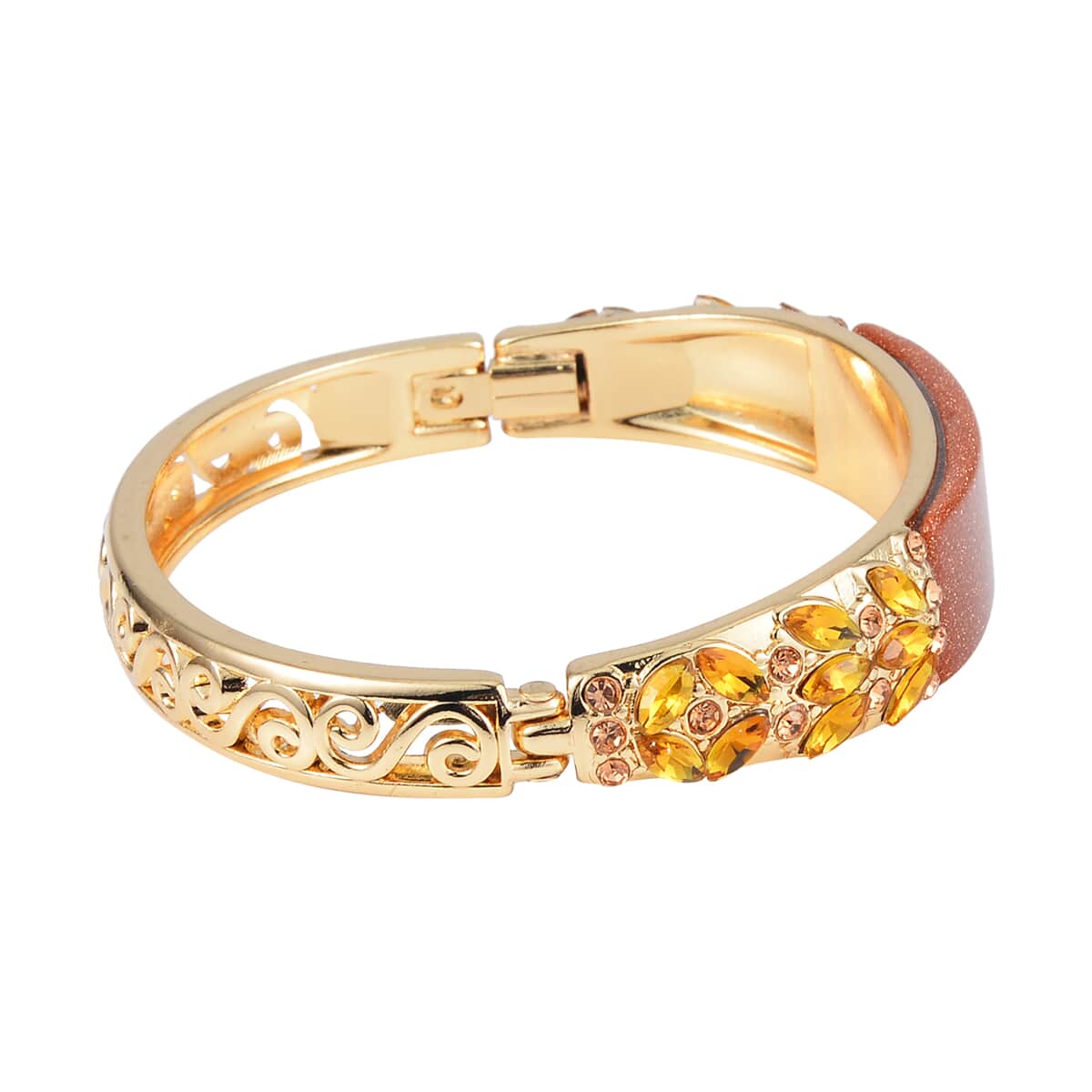 Gold Sandstone, Champagne Glass and Champagne Austrian Crystal Bangle Bracelet in Goldtone (7.50 In) 20.00 ctw image number 3