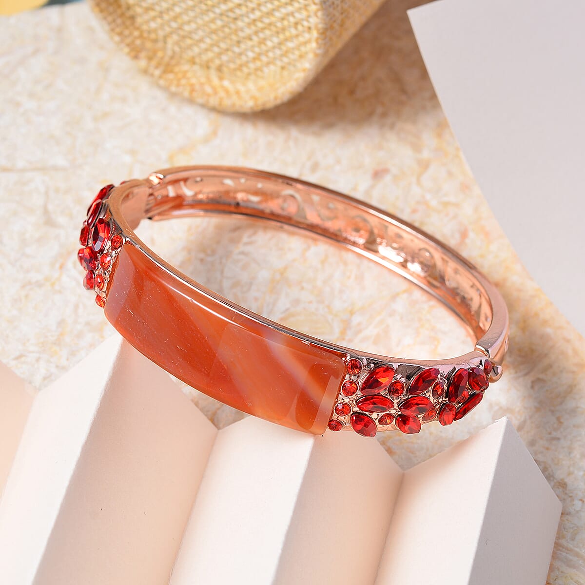 Red Carnelian, Red Glass and Red Austrian Crystal Bangle Bracelet in Rosetone (7.50 In) 20.00 ctw image number 1