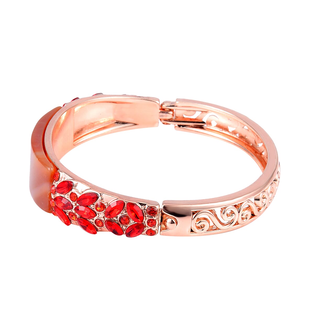 Red Carnelian, Red Glass and Red Austrian Crystal Bangle Bracelet in Rosetone (7.50 In) 20.00 ctw image number 3