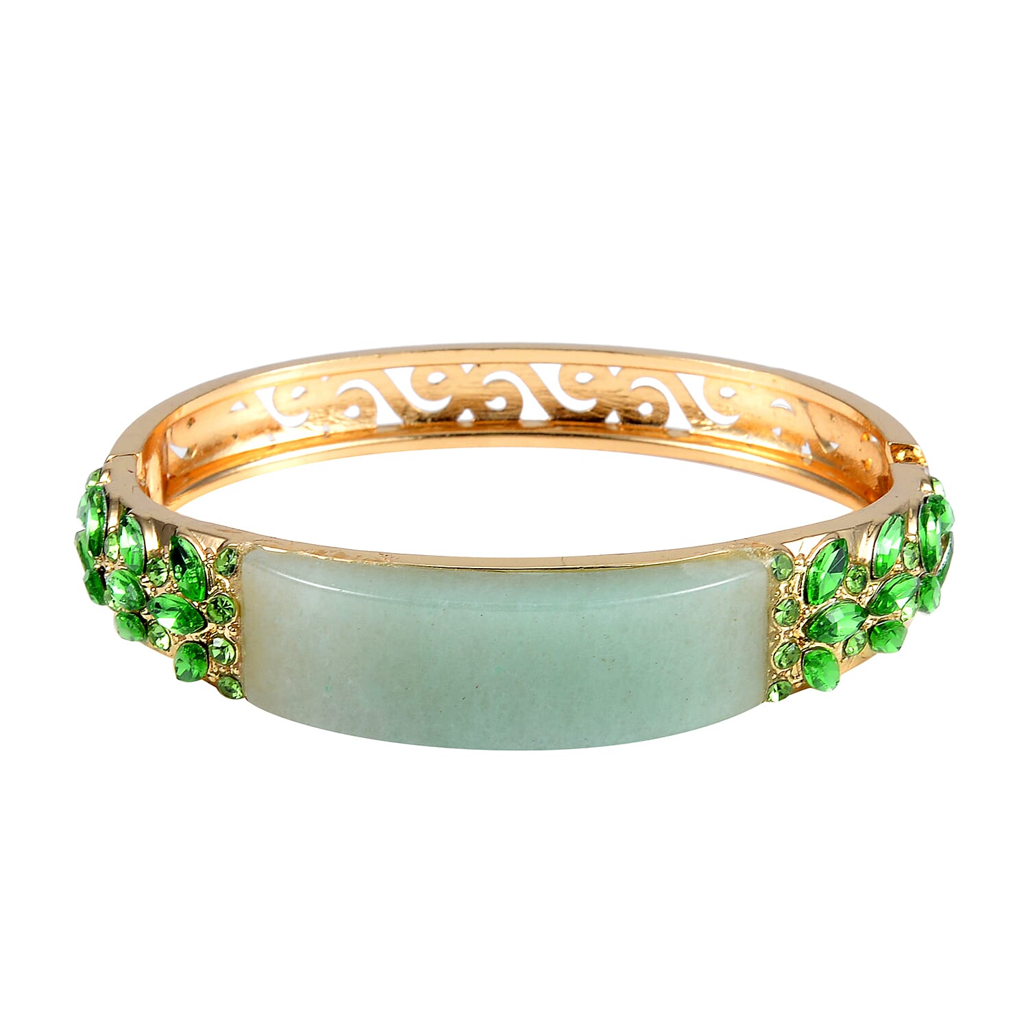 Green Aventurine, 20.00 ctw Green Glass and Neon Green Austrian Crystal Bangle Bracelet in Goldtone (7.50 In)