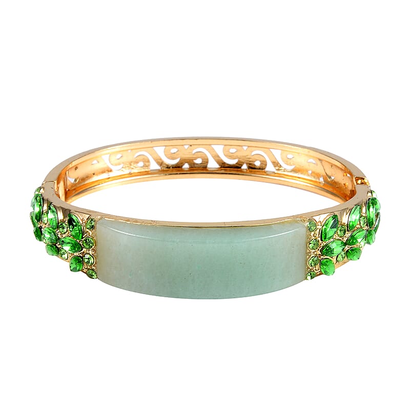 Green Aventurine, 20.00 ctw Green Glass and Neon Green Austrian Crystal Bangle Bracelet in Goldtone (7.50 In)