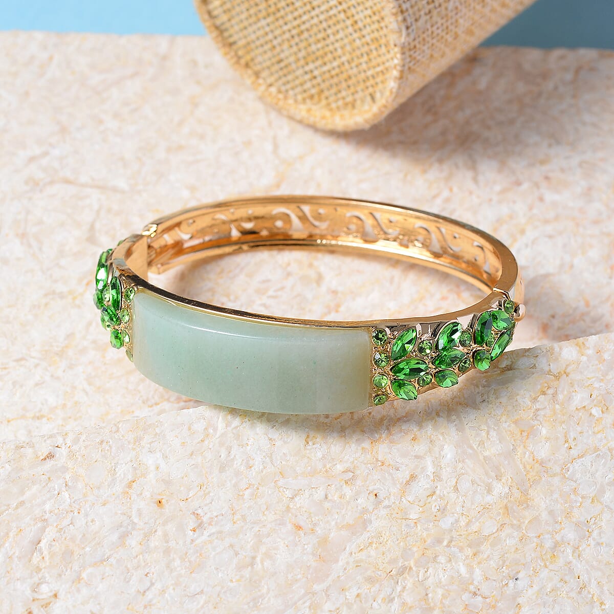 Green Aventurine, 20.00 ctw Green Glass and Neon Green Austrian Crystal Bangle Bracelet in Goldtone (7.50 In) image number 1