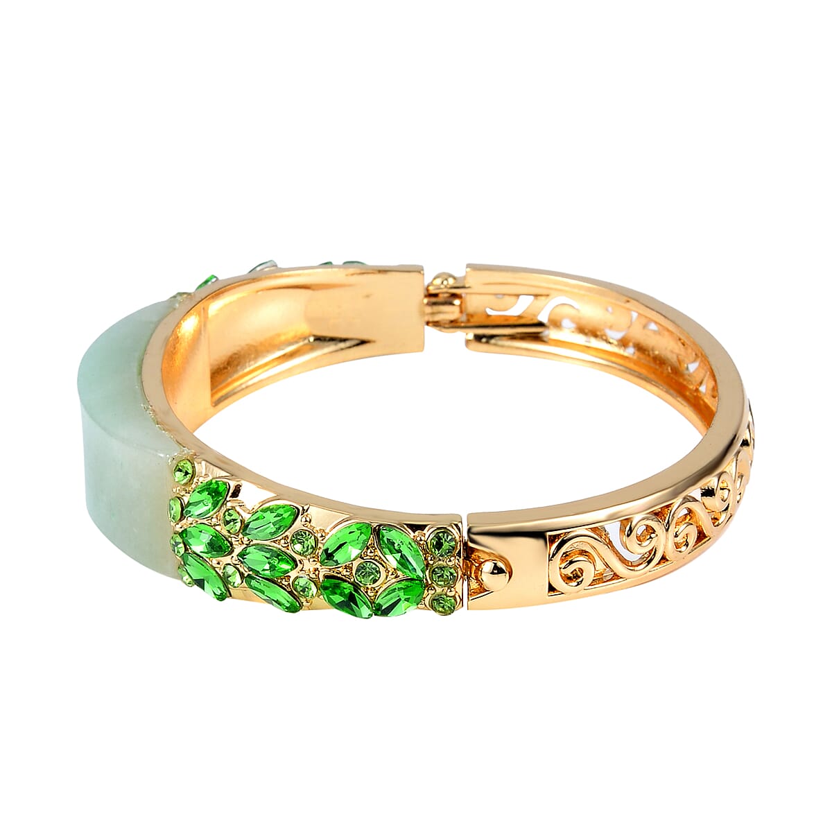 Green Aventurine, 20.00 ctw Green Glass and Neon Green Austrian Crystal Bangle Bracelet in Goldtone (7.50 In) image number 3