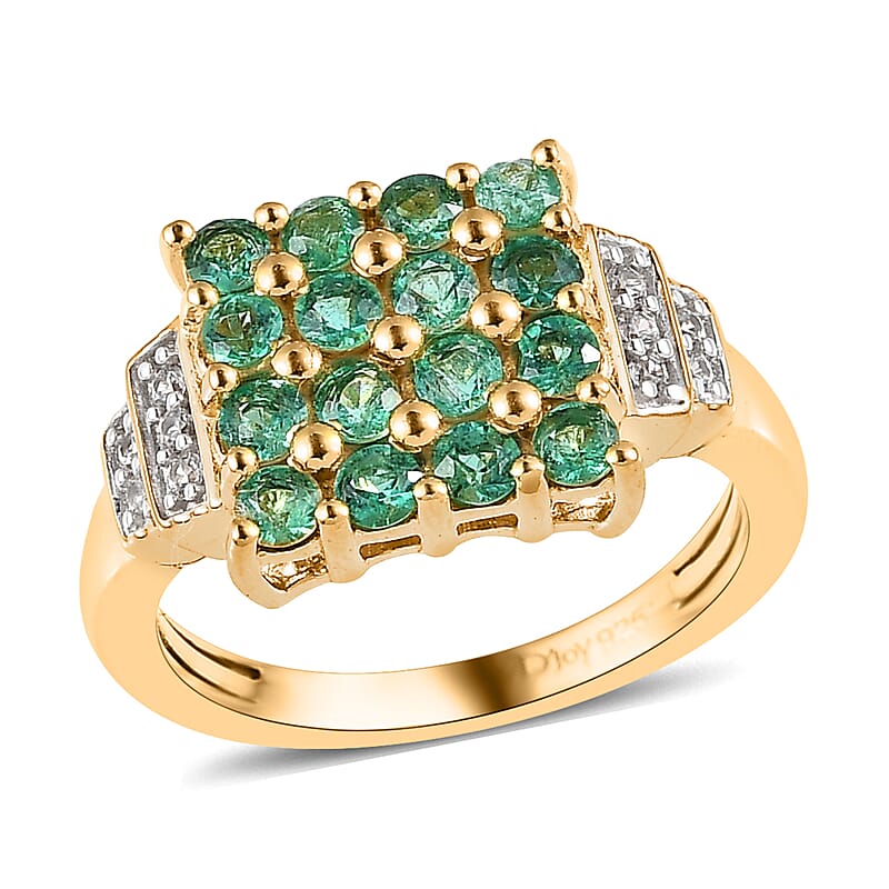 AAA Kagem Zambian Emerald and White Zircon Ring in Vermeil Yellow Gold Over Sterling Silver (Size 10.0) 0.90 ctw