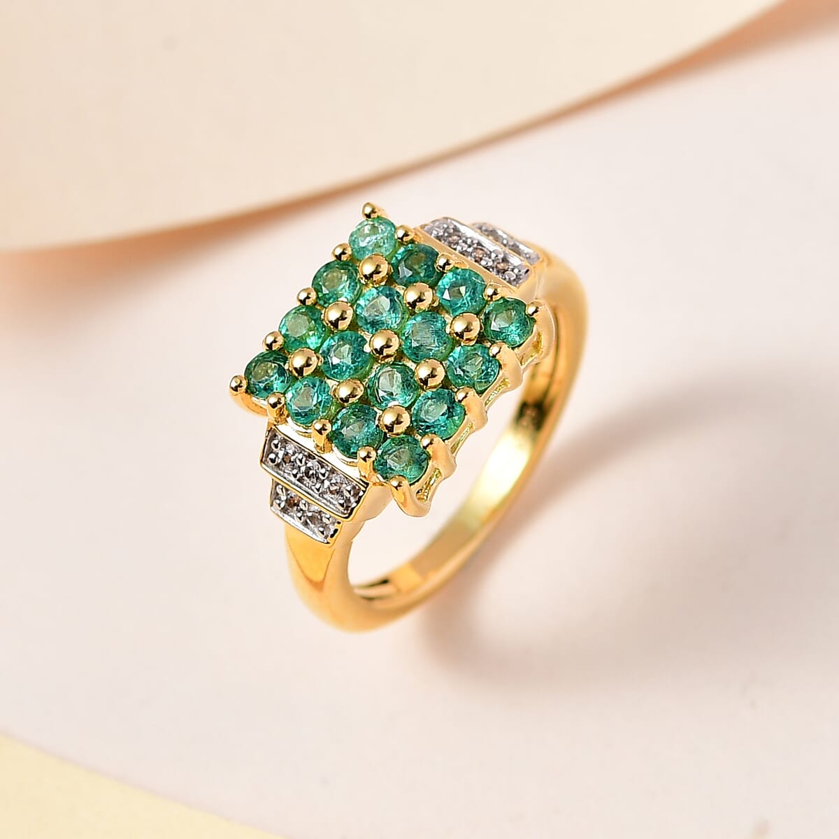 AAA Kagem Zambian Emerald and White Zircon Ring in Vermeil Yellow Gold Over Sterling Silver 0.90 ctw image number 1