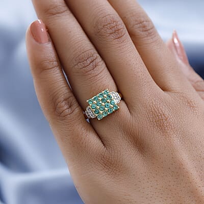 AAA Kagem Zambian Emerald and White Zircon Ring in Vermeil Yellow Gold Over Sterling Silver (Size 10.0) 0.90 ctw