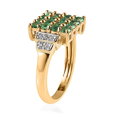 AAA Kagem Zambian Emerald and White Zircon Ring in Vermeil Yellow Gold Over Sterling Silver (Size 10.0) 0.90 ctw