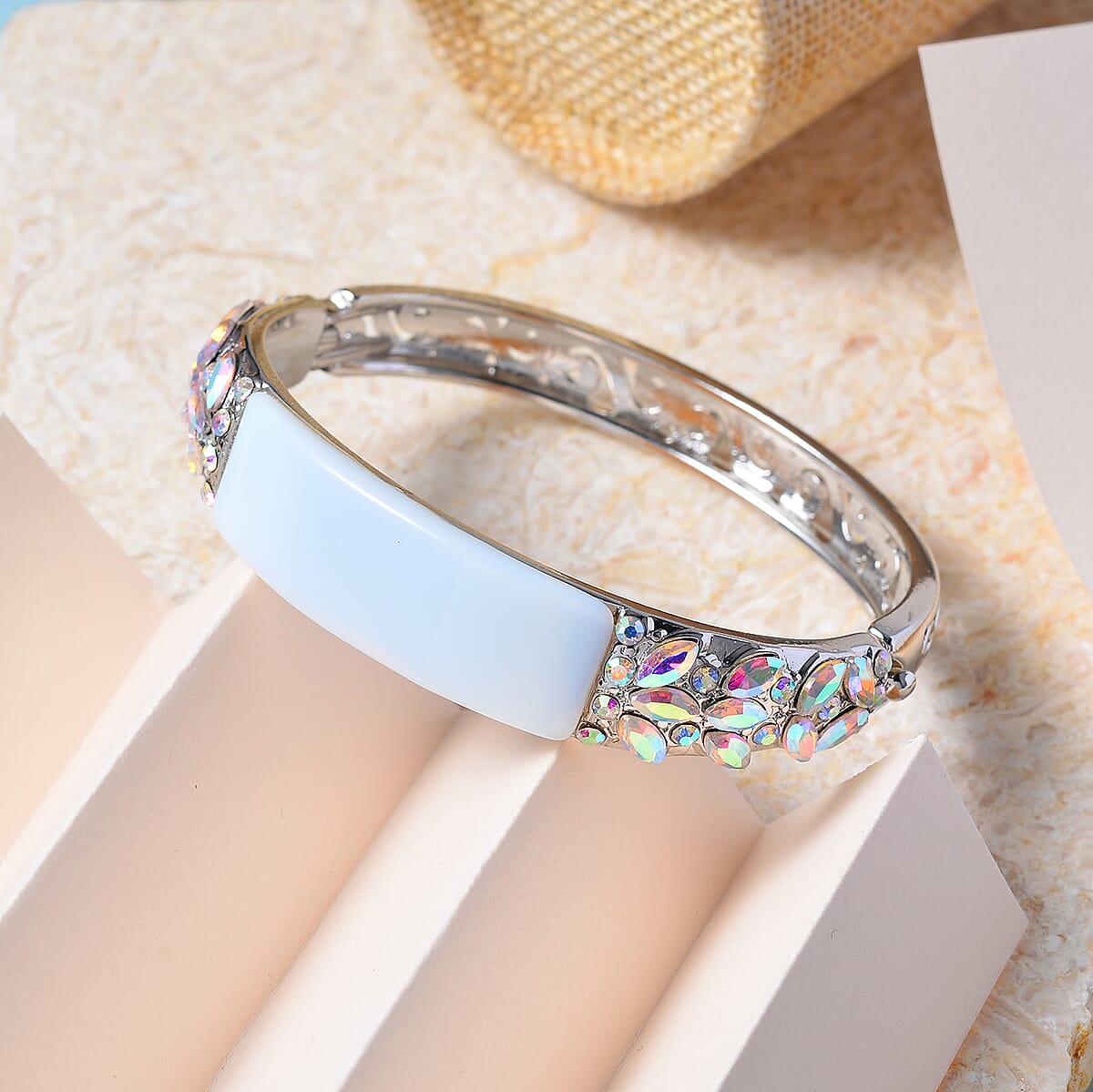 Opalite, 20.00 ctw White Mystic Color Glass and White Mystic Color Austrian Crystal Bangle Bracelet in Silvertone (7.50 In) image number 1