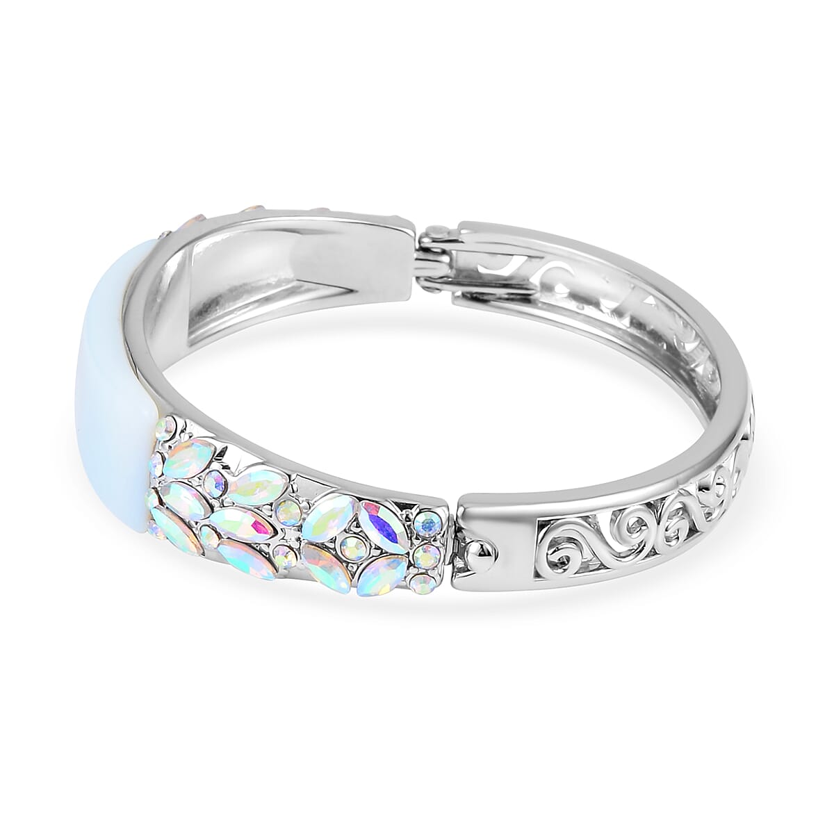 Opalite, 20.00 ctw White Mystic Color Glass and White Mystic Color Austrian Crystal Bangle Bracelet in Silvertone (7.50 In) image number 3