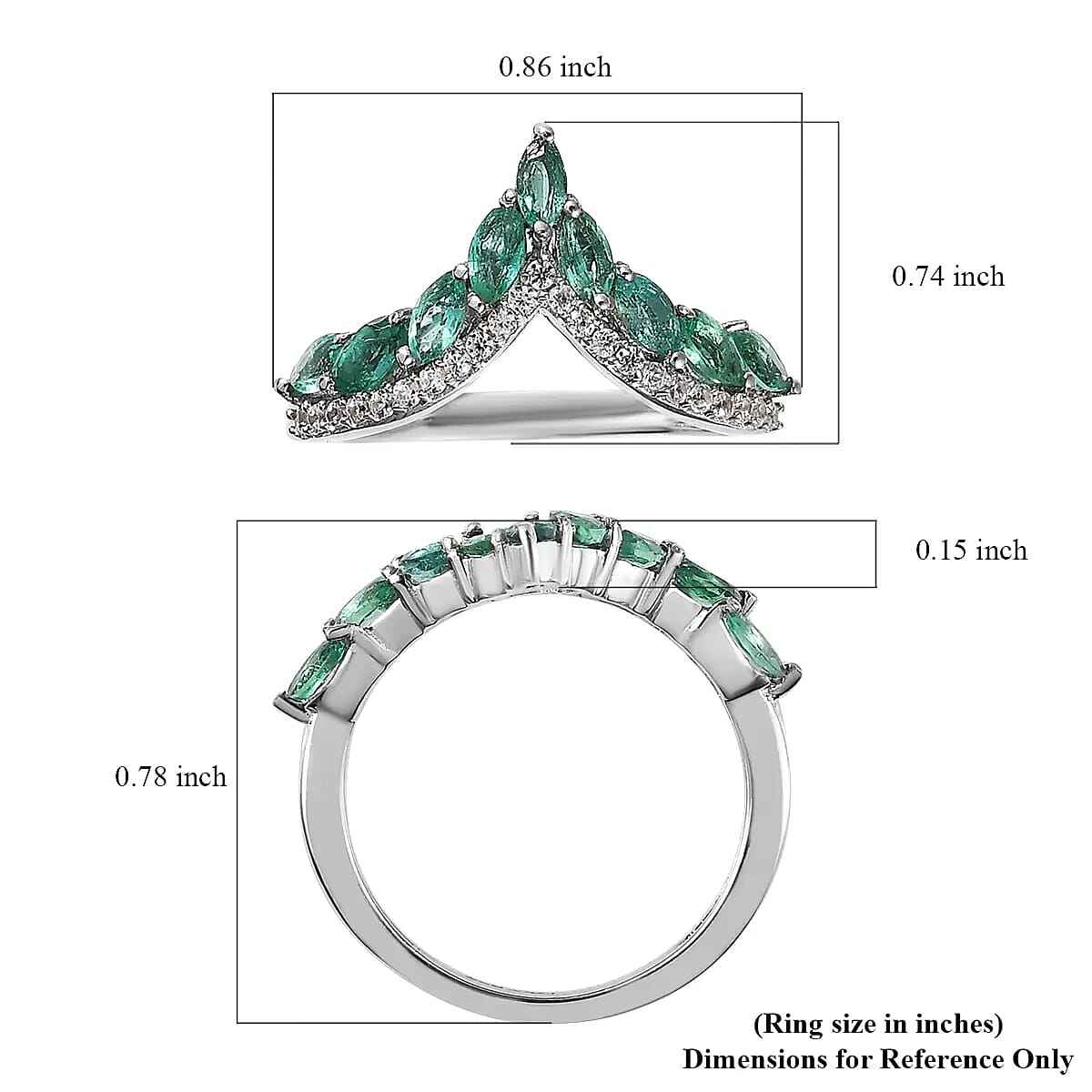 AAA Kagem Zambian Emerald Ring , Emerald Wishbone Ring , White Zircon Accents Ring , Platinum Over Sterling Silver Ring 1.00 ctw