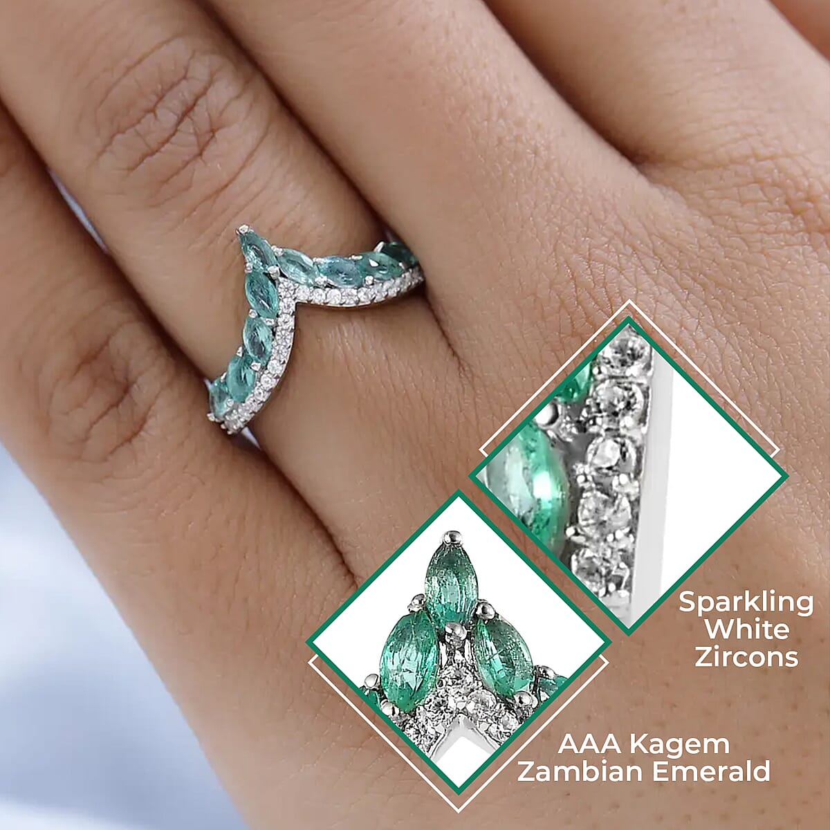 AAA Kagem Zambian Emerald Ring , Emerald Wishbone Ring , White Zircon Accents Ring , Platinum Over Sterling Silver Ring 1.00 ctw image number 2