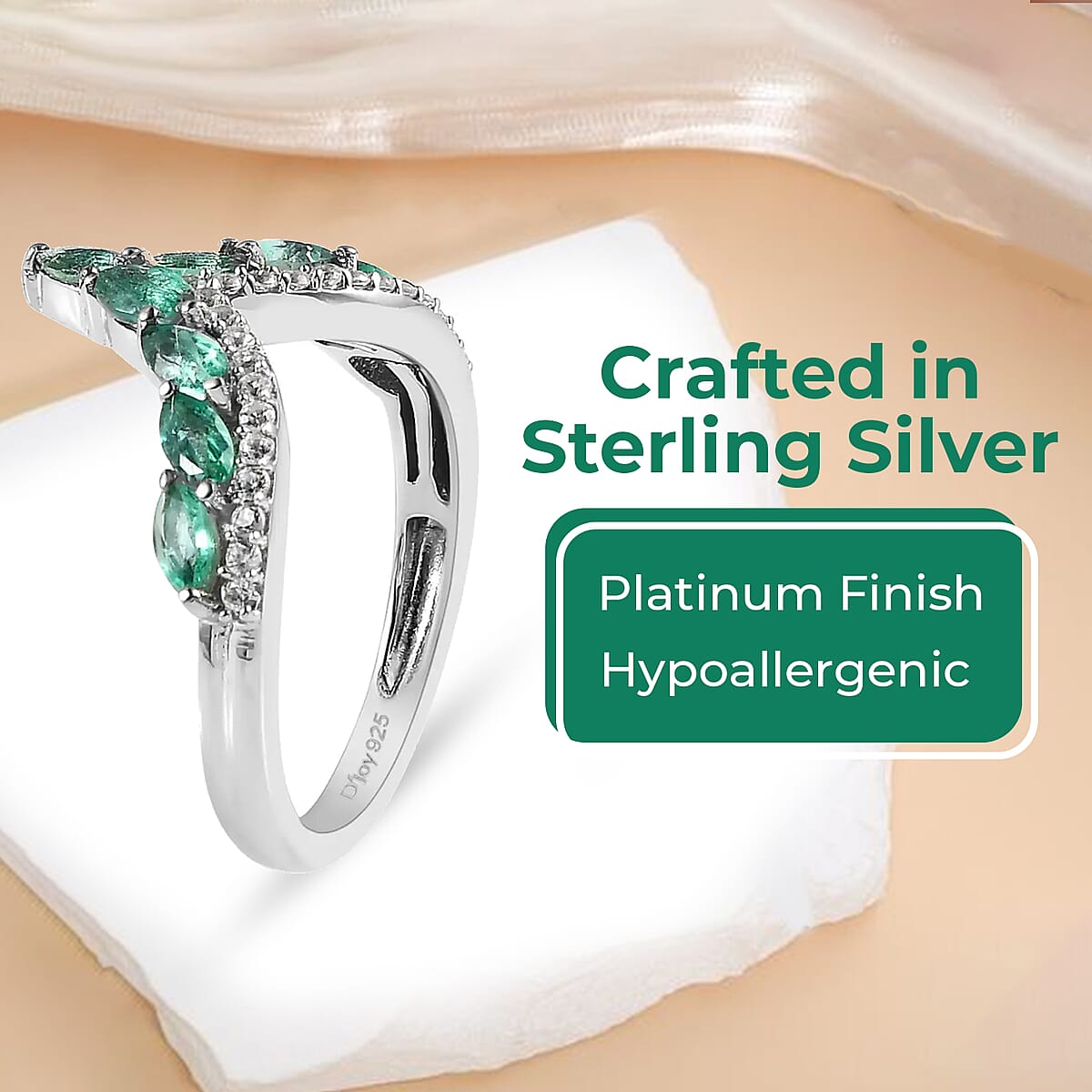 AAA Kagem Zambian Emerald Ring , Emerald Wishbone Ring , White Zircon Accents Ring , Platinum Over Sterling Silver Ring 1.00 ctw image number 3