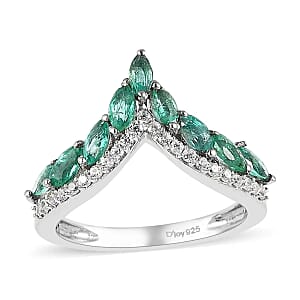 AAA Kagem Zambian Emerald Ring , Emerald Wishbone Ring , White Zircon Accents Ring , Platinum Over Sterling Silver Ring 1.00 ctw