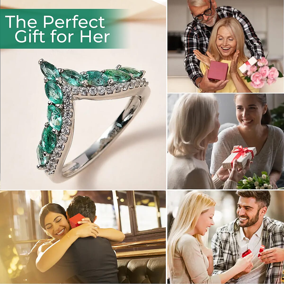 AAA Kagem Zambian Emerald Ring , Emerald Wishbone Ring , White Zircon Accents Ring , Platinum Over Sterling Silver Ring 1.00 ctw image number 4